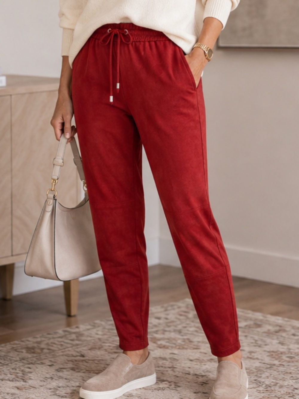 Marla Wynne Faux Suede Pull-On Jogger Pants Red Burgundy Size M NWOT